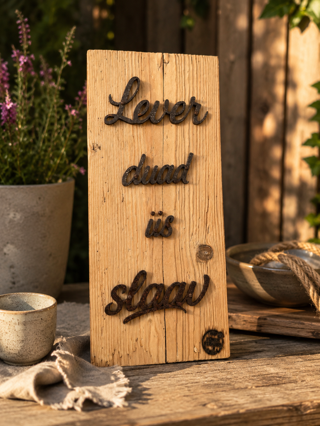 Driftwood-Schild "Lever Duad üs Slav"