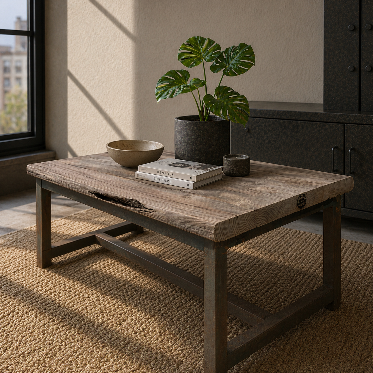 Driftwood -Couchtisch mit rostigem Stahlgestell – Natur trifft Industrie