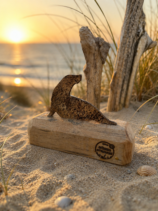 🌊 Driftwood Skulptur Robbe „Willi“ – der Charme der Nordsee in Holz und Stahl
